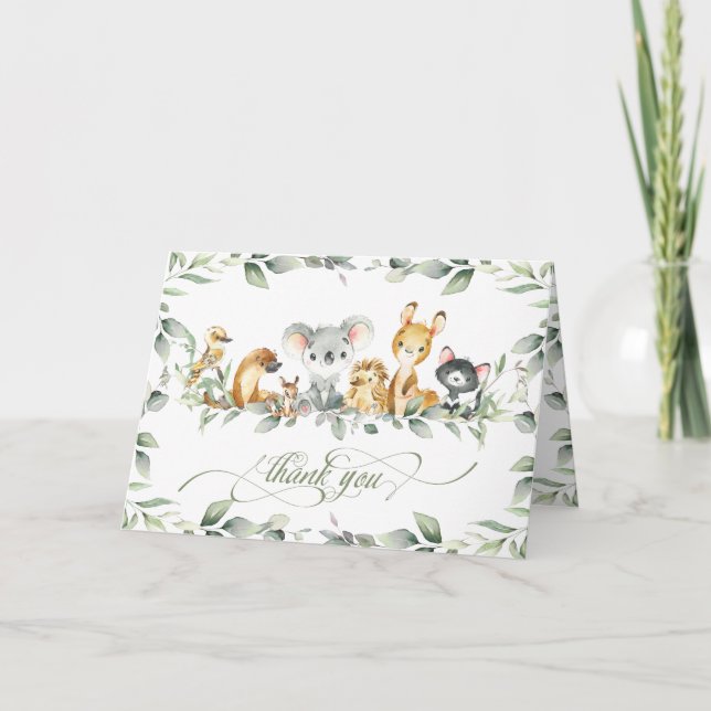 Greenery Australian Animals Baby Shower Birthday Thank You Card (Front)