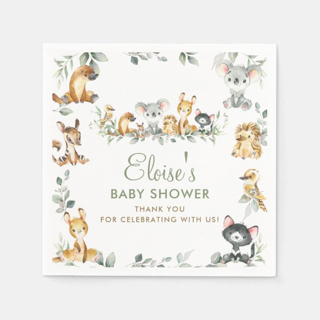 Greenery Australian Animals Baby Shower Thank You  Napkins (Front)