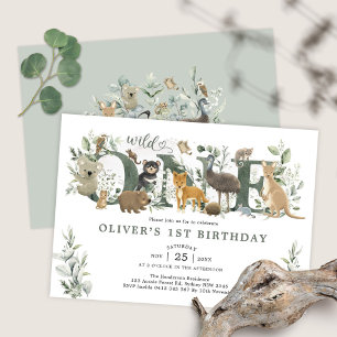 Greenery Australian Animals Wild One 1st Birthday Invitation