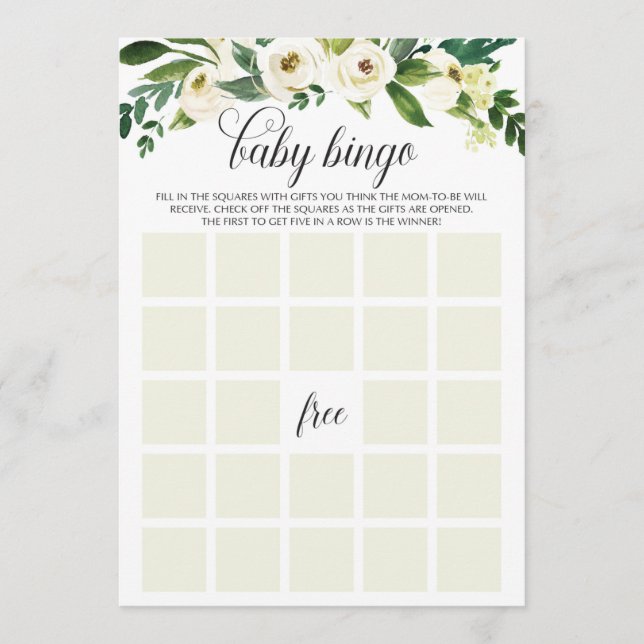 Greenery Baby Bingo Cards for Baby Shower (Front)