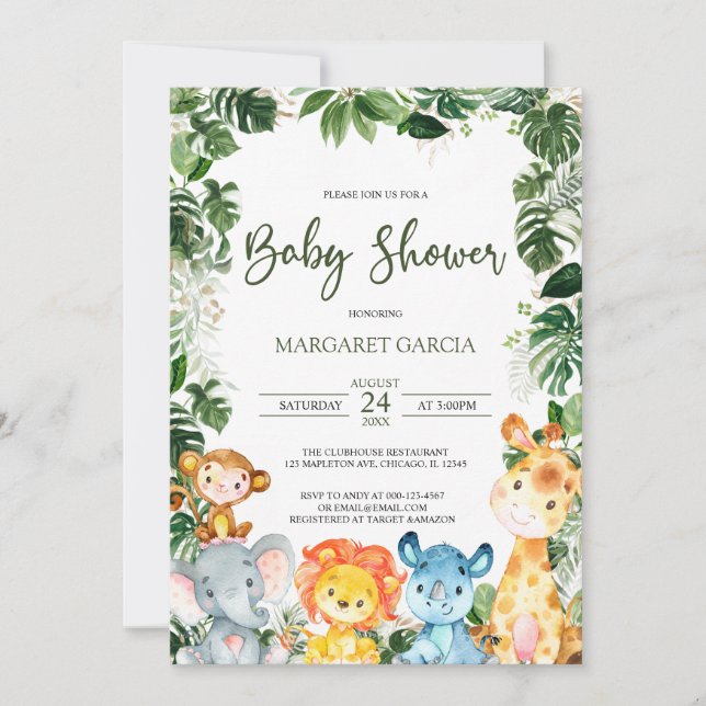 Greenery Baby Boy Safari Animals Baby Shower Invitation (Front)