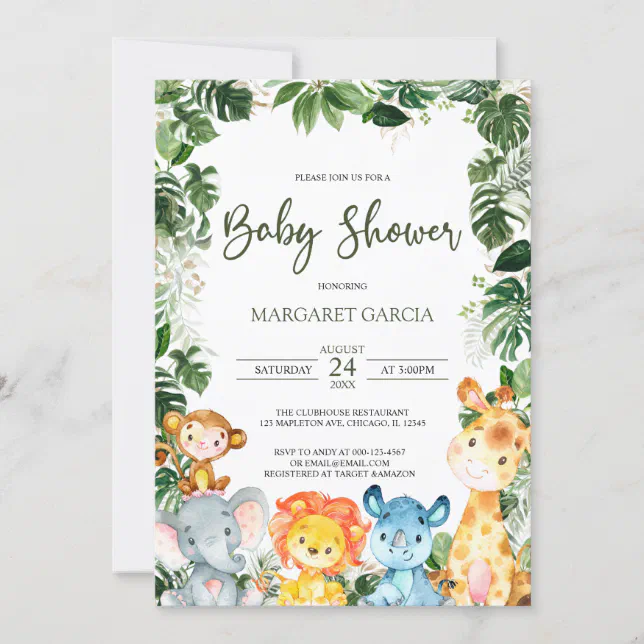 Greenery Baby Boy Safari Animals Baby Shower Invitation | Zazzle