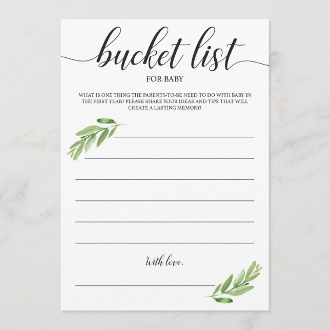 Greenery Baby Bucket List for First Year Cards (Front)