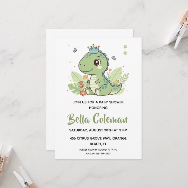 Greenery baby dinosaur baby shower invitations (Front/Back In Situ)
