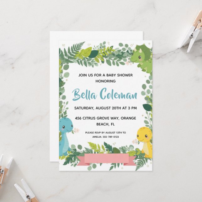 Greenery baby dinosaur baby shower invitations (Front/Back In Situ)