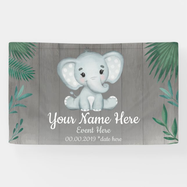 Greenery Baby Elephant Unisex Backdrop Banner (Horizontal)