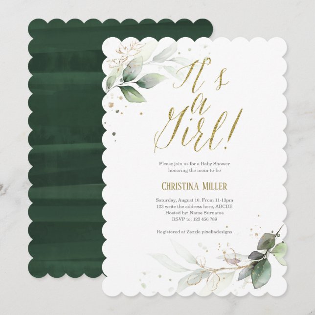 Greenery Baby Girl Shower, Modern, Watercolor Invitation (Front/Back)