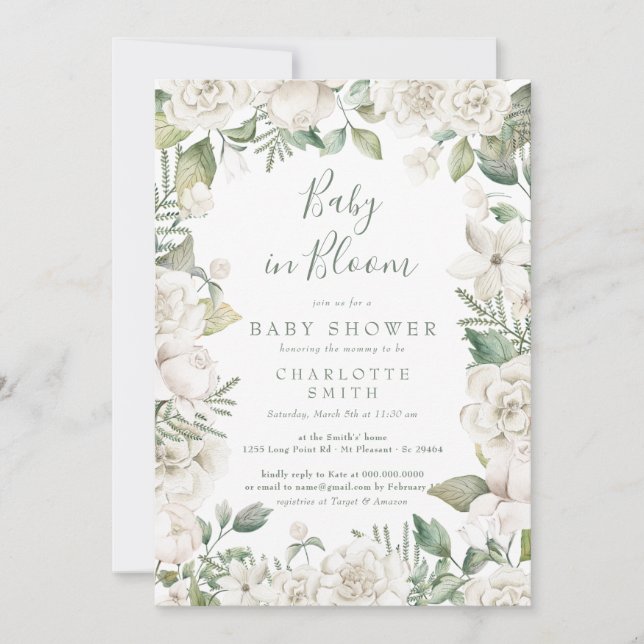Greenery Baby In Bloom Floral White Baby Shower Invitation (Front)