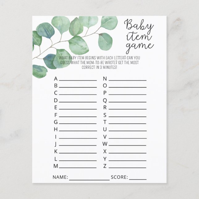 Greenery - Baby Item Game. Baby Shower Game (Front)