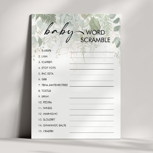 Greenery Baby Shower Baby Word Scramble Game Card