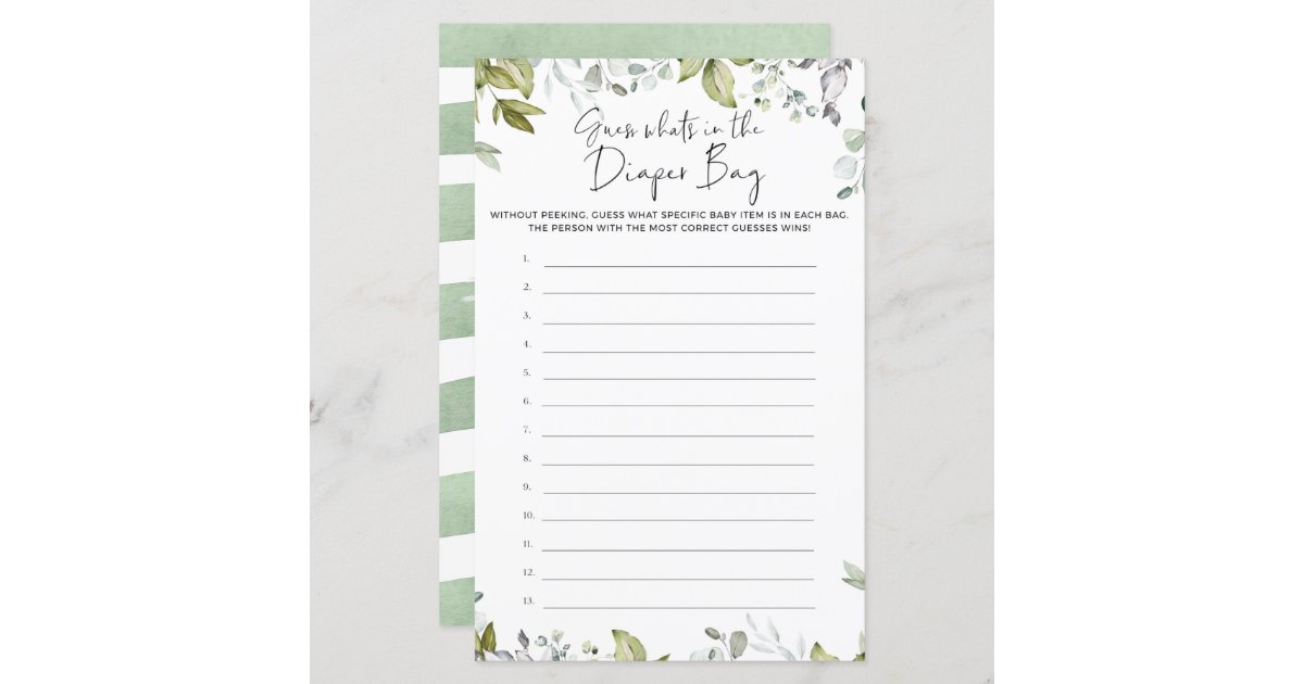 Greenery Baby Shower Game Diaper Bag Guessing Zazzle