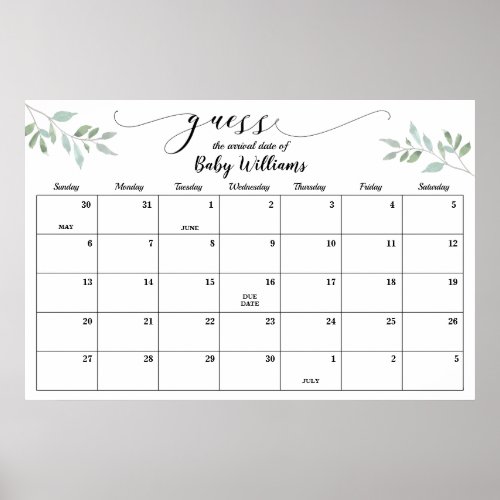 Greenery Baby Shower Guess Due Date Calendar Poste Poster