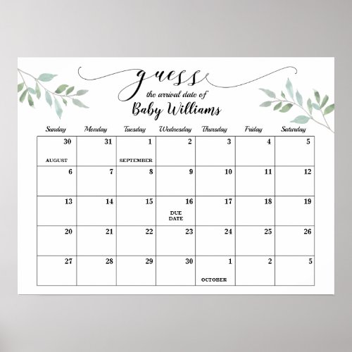 Greenery Baby Shower Guess Due Date Calendar Poster