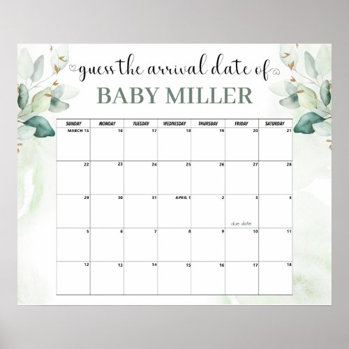 Greenery Baby Shower Guess Due Date Sign Poster