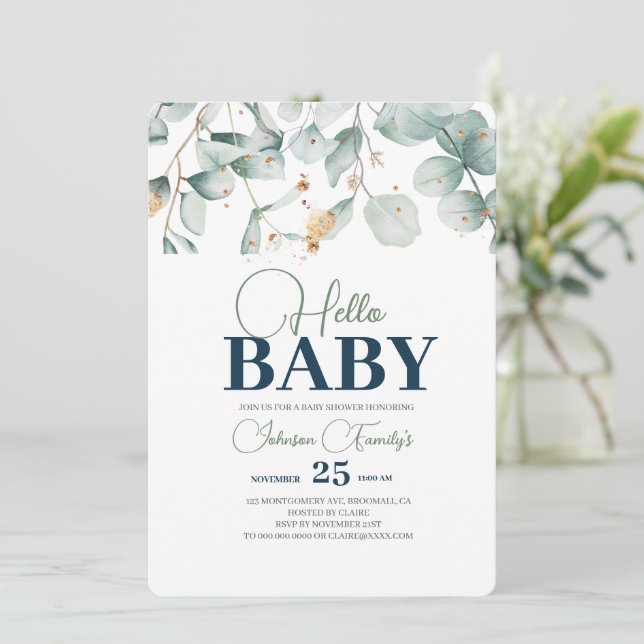 Greenery Baby Shower Invitation, Eucalyptus flower Invitation (Standing Front)