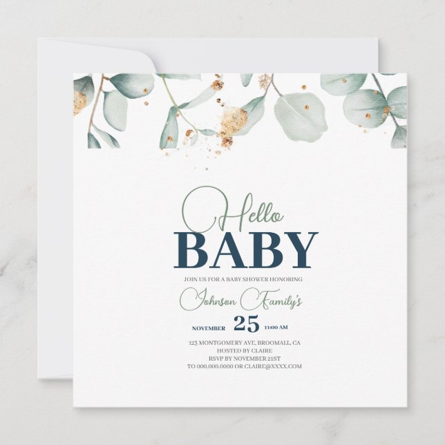 Greenery Baby Shower Invitation, Eucalyptus flower Save The Date (Front)
