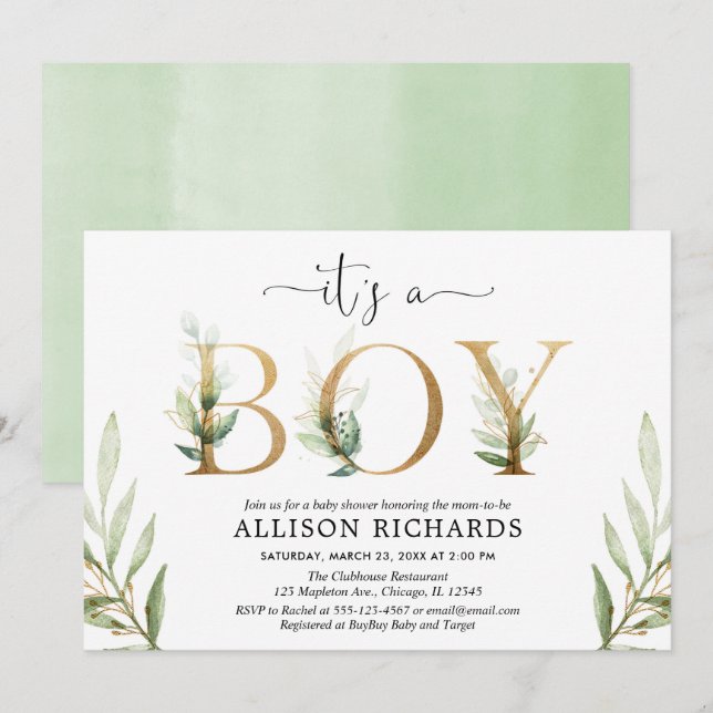 Greenery baby shower It's a boy green gold foliage Invitation (Front/Back)
