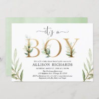 Greenery baby shower It's a boy green gold foliage Invitation