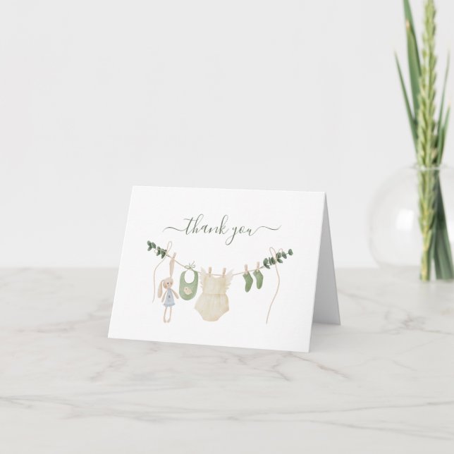 Greenery Baby Shower Party Boho Baby Clothesline Thank You Card (Front)