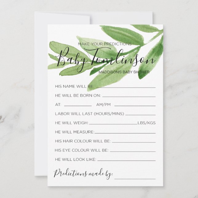 Greenery Baby Shower Predictions Guess Game Card (Front)