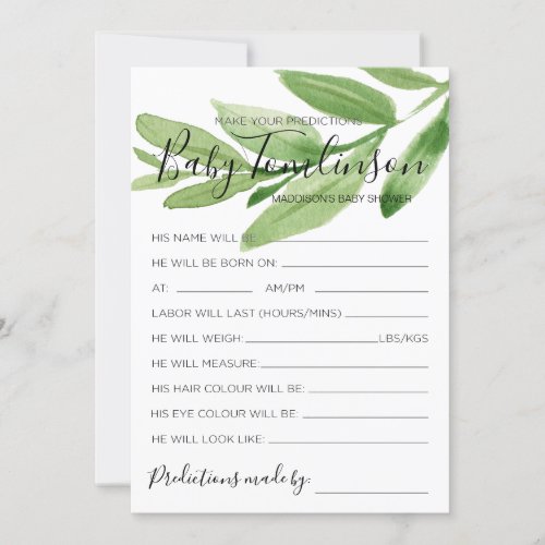 Greenery Baby Shower Predictions Guess Game Card