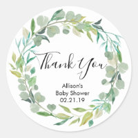 Greenery baby shower stickers, green leaves classic round sticker