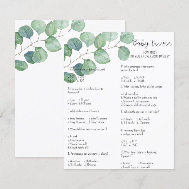 Greenery Baby Trivia | Baby Shower Game (Front/Back)