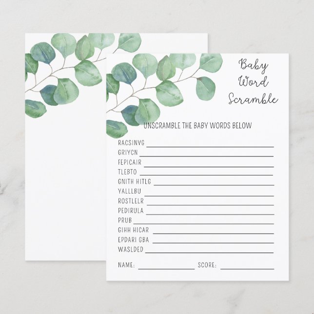 Greenery - Baby Word Scramble | Baby Shower Game (Front/Back)