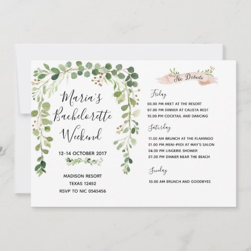 Greenery Bachelorette Weekend Itinerary Invitation