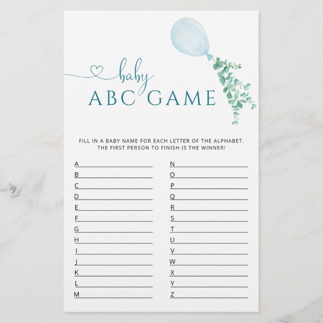 Greenery Balloon Baby Shower Game ABC (Front)
