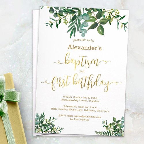 Greenery Baptism  1st Birthday With Gold Script Invitation