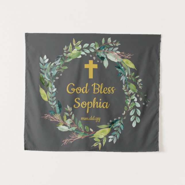 Greenery Baptism Backdrop Decor for Girl Boy Gold (Front (Horizontal))
