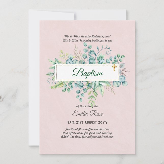 Greenery Baptism Bautizo Bautismo Christening Invi Invitation (Front)