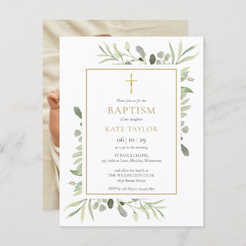 Greenery Baptism Christening Photo Invitation Postcard