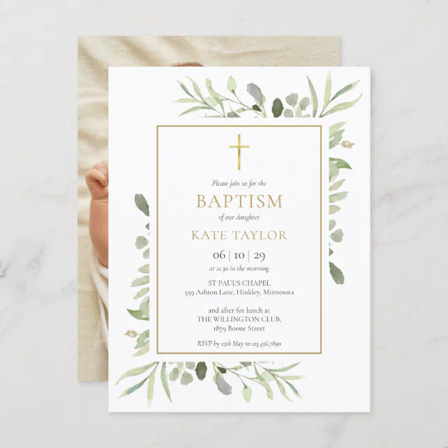 Greenery Baptism Christening Photo Invitation Postcard | Zazzle