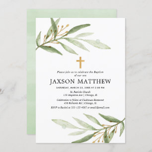 Greenery baptism invitation green gold watercolor