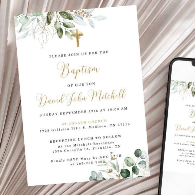 Greenery Baptism Invitation Template, Green & Gold (Creator Uploaded)
