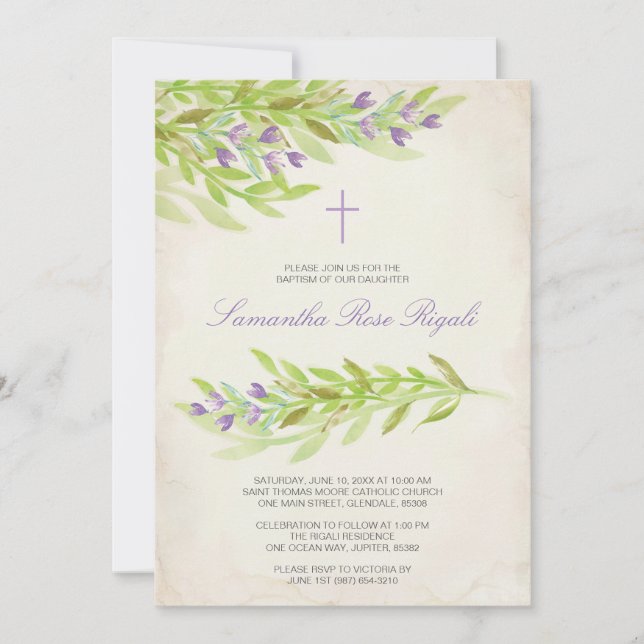 Greenery Baptism Invite Lavender Flowers (Front)