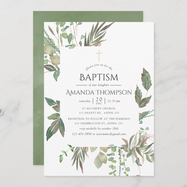 Greenery Baptism or Christening Invitation (Front/Back)
