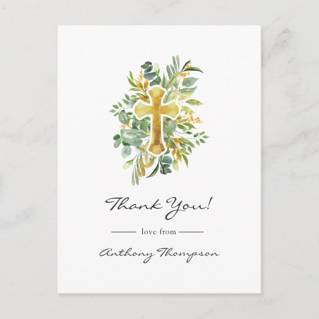 Greenery Baptism or Christening Thank You Postcard (Front)