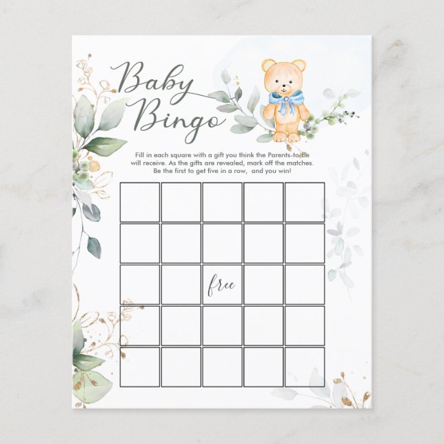 Greenery Bear Baby Shower Bingo Game Paper  Sheet (Front)