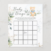 Greenery Bear Baby Shower Bingo Game Paper  Sheet