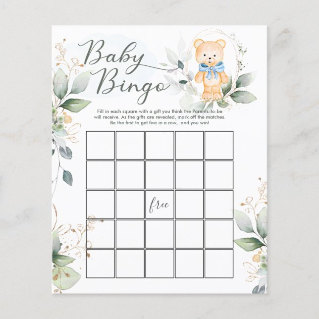 Greenery Bear Baby Shower Bingo/Traits Games Flyer (Front)