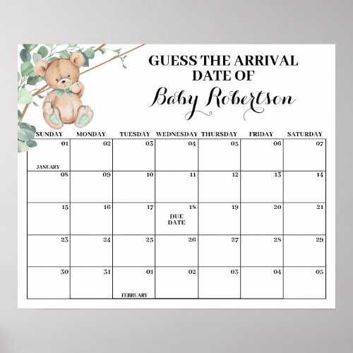 Greenery Bear Baby Shower Guess Due Date  Poster