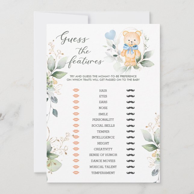 Greenery Bear Baby Shower Traits/Bingo Games Invitation (Back)