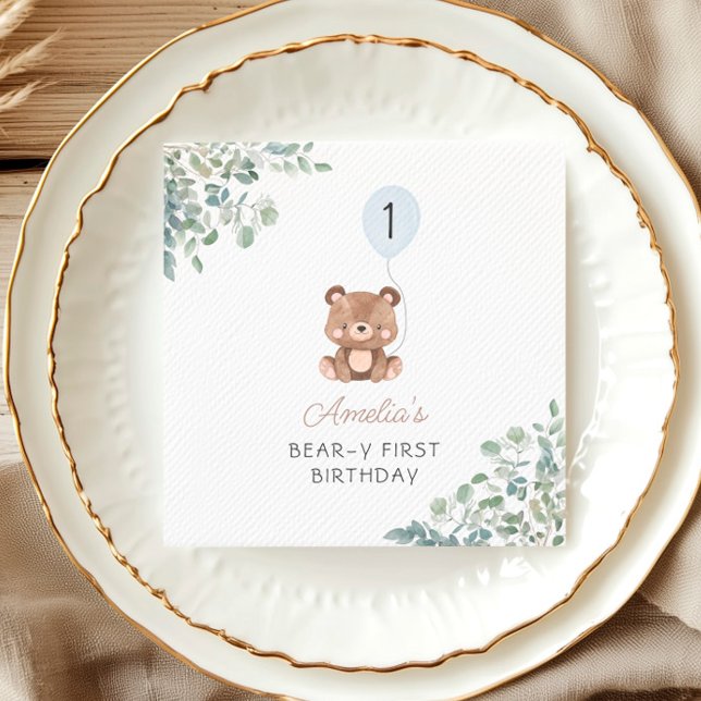 Greenery Bear Balloon 1st Birthday Gender Neutral Napkins (Creator Uploaded)