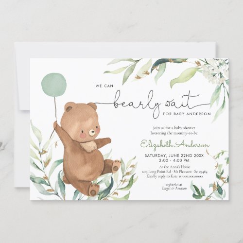 Greenery Bear Balloon Gender Neutral Baby Shower Invitation