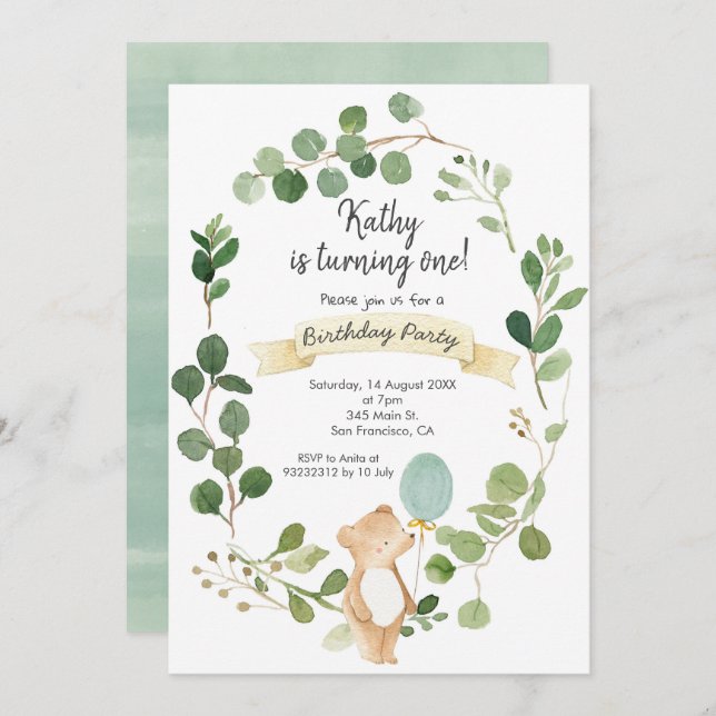 Greenery Bear Birthday Invitation (Front/Back)