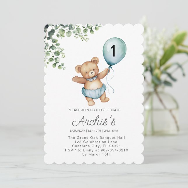 Greenery Bear Birthday Invitation, first Teddy  Invitation (Standing Front)