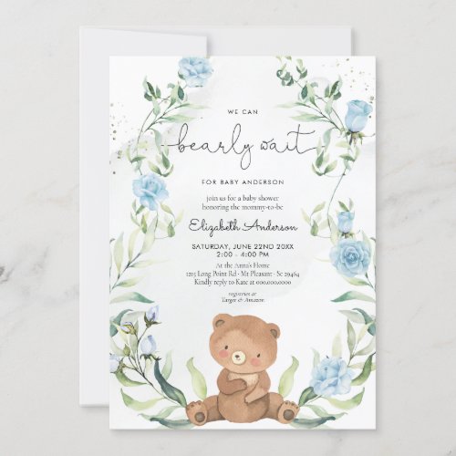 Greenery Bear Blue Flowers Boy Baby Shower Invitation